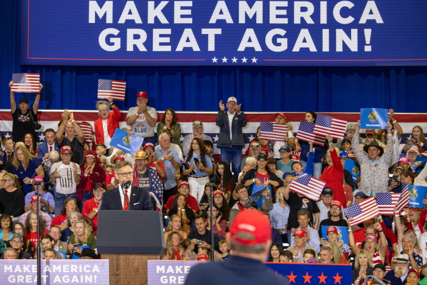 Republican candidate for governor Mike Mazzei delivers remark at a Donald Trump rally in Durant.