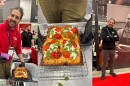 Three images are clipped together into one file. The left is Adam Elpayaa posing with his award-winning pizza, the middle is a closeup of the detroit-style pizza, and the right is him posing with a large print out of himself. 