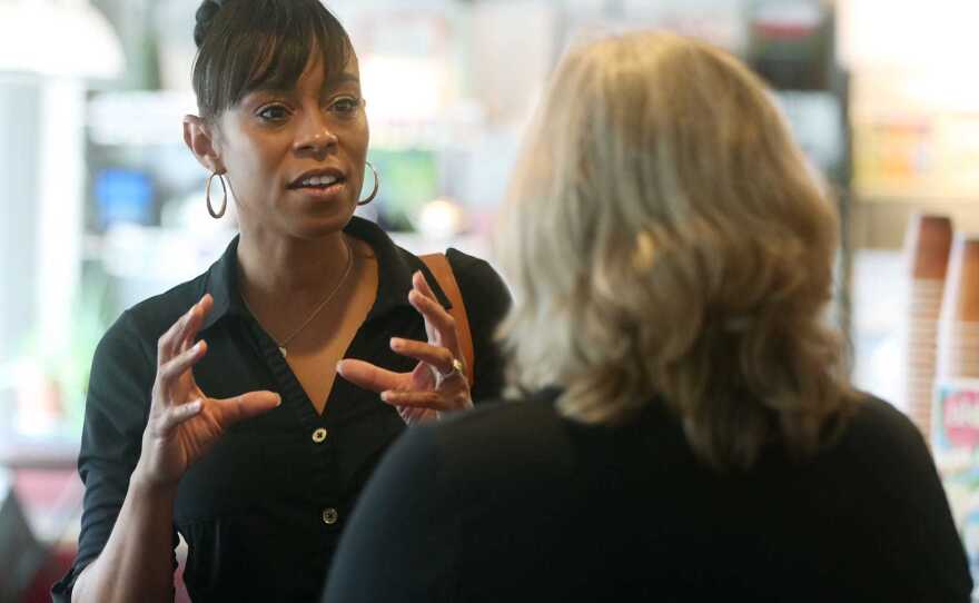 Ohio 11th district candidate Shontel Brown is seen during a campaign stop at Angel Falls Coffee shop in Akron on July 14.