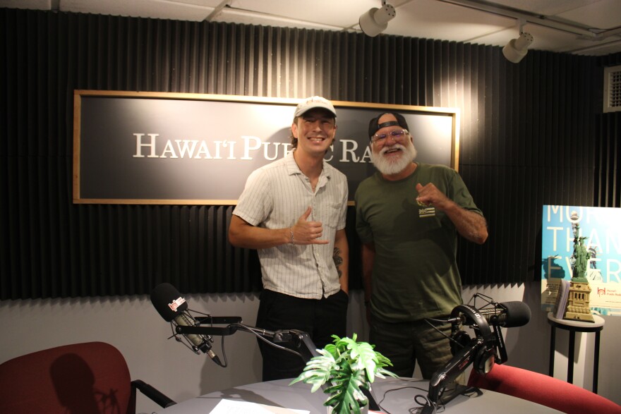 HPR's Kevin Allen, left, with former professional skateboarder and 2026 Hawaiʻi Sports Hall of Fame inductee Darren Ho. (August 6, 2026)