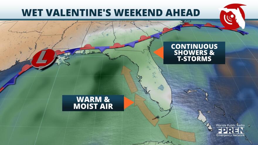 Rounds of Showers and Thunderstorms Expected over the Valentine's Day Weekend