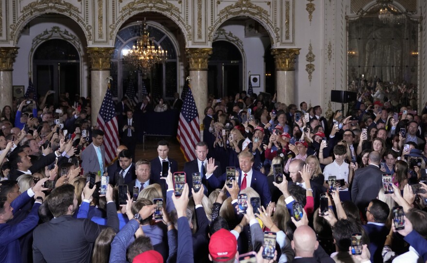 Former President Donald Trump arrives to speaks at his Mar-a-Lago estate.