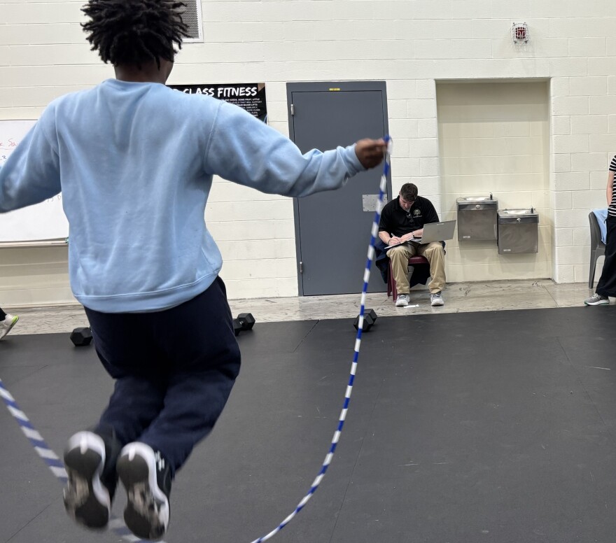 A young man jump ropes at Circleville Juvenile Corrections Facility to warm up for a CrossFit class.