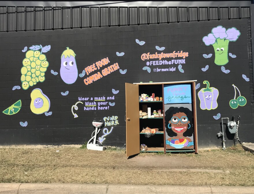 The Funky Town Fridge community pantry in Fort Worth's Southside. Volunteers stock the fridge and shelves, and people can take whatever they need, for free.