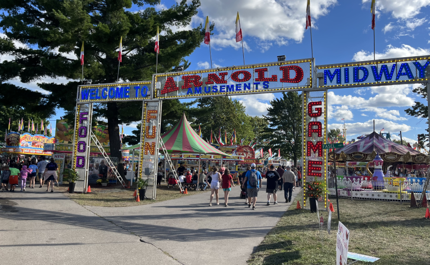 The entrance to the midway attractions at the Northwest Michigan Fair on Aug. 10, 2023. (Photo: Izzy Ross/IPR)