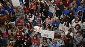 Students, teachers and supporters of the school walkout applaud for speakers in the state Capitol rotunda as protests continue over school funding, in Oklahoma City, Monday, April 9, 2018. (Sue Ogrocki/AP)