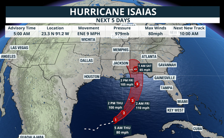 Map showing forecast cone for Hurricane Isaias.
