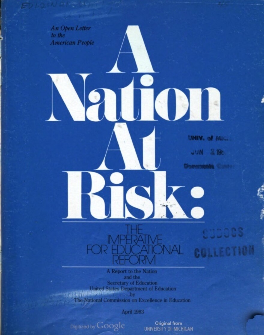 The original cover of the 1983 "A Nation At Risk" report published by the U.S. Department of Education.