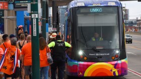 Netherlands fans crowd onto the Kansas City Streetcar after the Oranje Fanwalk on June 25,2026.