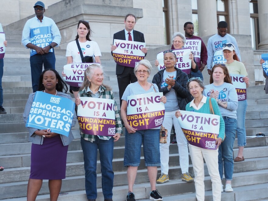 Get Loud Arkansas hosted a rally outside the state Capitol on April 23, 2024 following the Arkansas Board of Election Commissioners’ decision to limit the use of electronic signatures on voter registration applications.