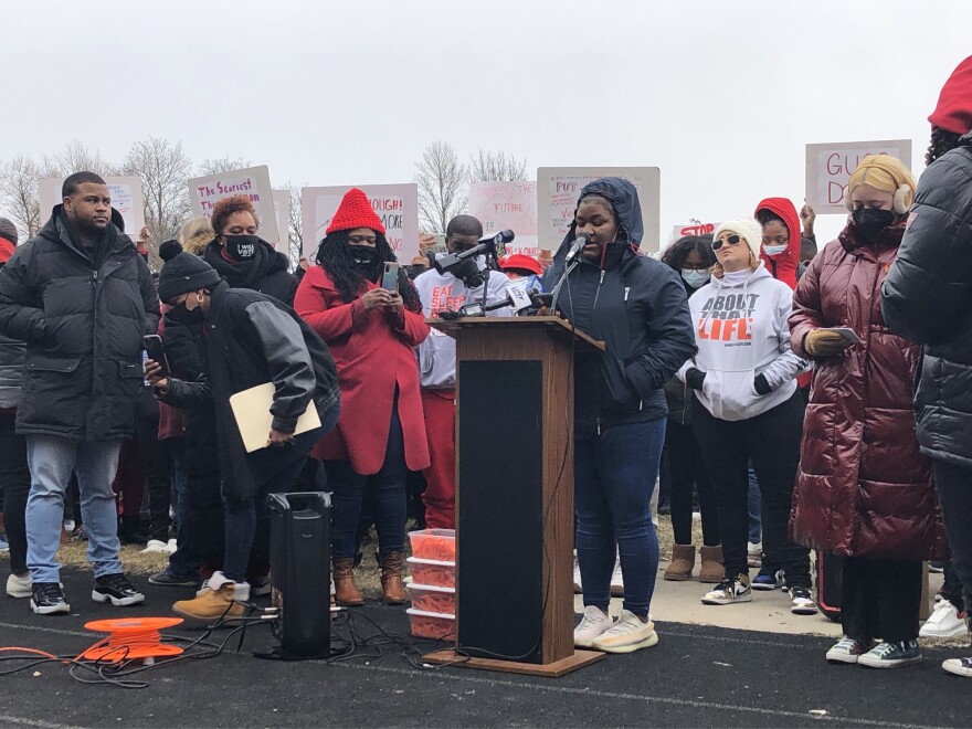 Rufus King sophomore class president Mia Moore speaks at a walkout Friday protesting gun violence.