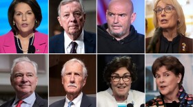This combination photo of eight senators who are facing criticism from the Democratic Party for their deal to end the government shutdown shows Sen. Catherine Cortez Masto (top row from left), D-Nev., Senate Judiciary Committee Chairman Dick Durbin, D-Ill., Sen. John Fetterman, D-Pa., Sen. Maggie Hassan, D-N.H., and Sen. Tim Kaine (bottom row from left), D-Va., Sen. Angus King, I-Maine, Sen. Jacky Rosen, D-Nev., and Sen. Jeanne Shaheen, D-N.H.