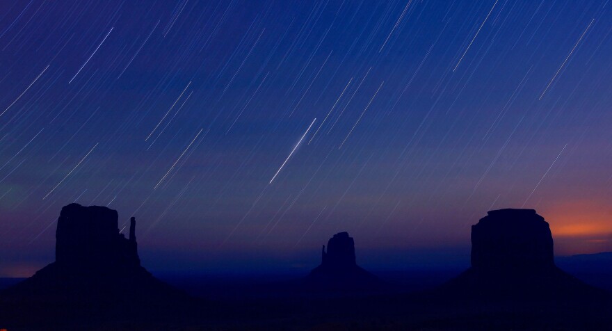 Star trails in the sky during the Perseid meteor shower 