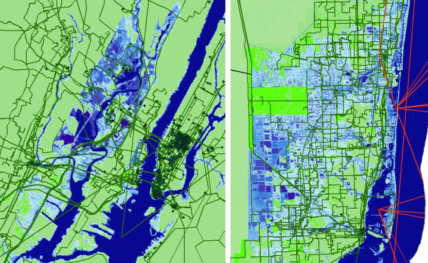The most severe NOAA model of sea level rise shows areas that are projected to be underwater in New York (left) and Miami by 2033 in blue. Green lines represent fiber cables that deliver Internet.