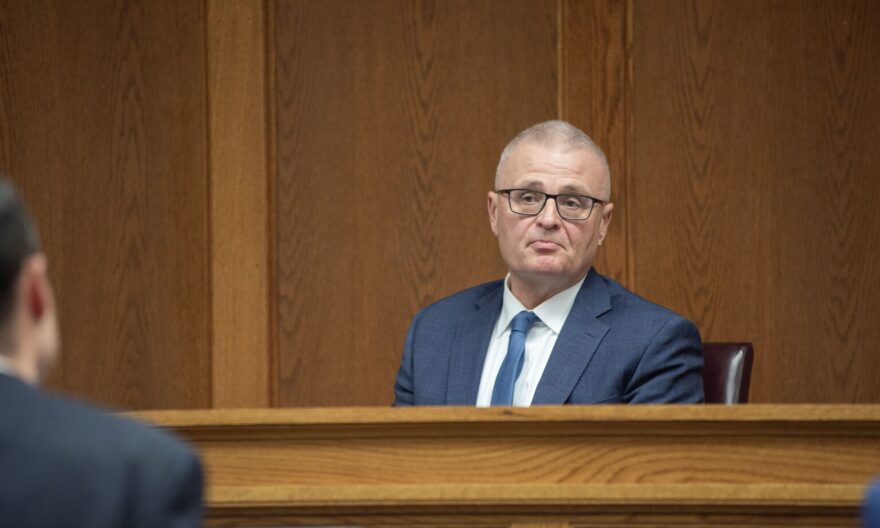 Director of Programs for the Missouri State Treasurer's Office Trent Blair answers questions about the MOScholars program during a trial challenging the constitutionality of Missouri's funding of school vouchers Monday, Nov. 24, 2025 in the Cole County Courthouse.