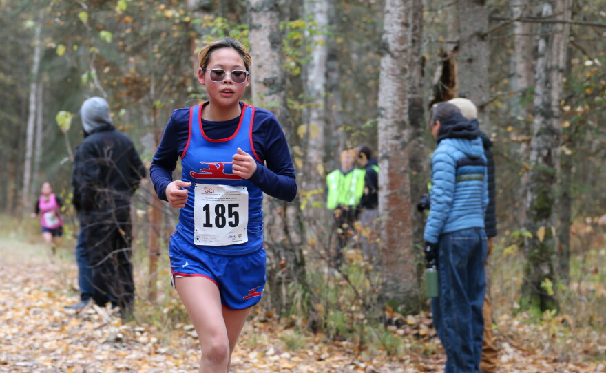 Runners compete at the ASAA cross-country running state championships in Anchorage on Oct. 3, 2026.