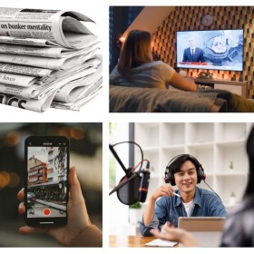 Images of: stack of newspapers; woman on couch watching TV; hand holding cell phone; young person with headphones on and mic setup