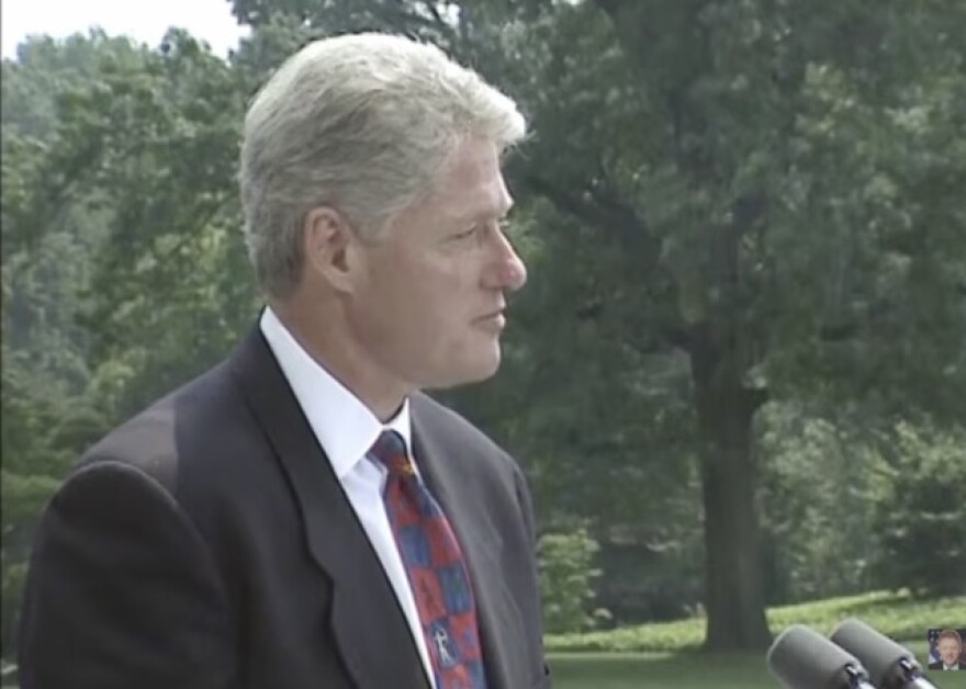 President Clinton speaks to reporters on August 7, 1996 about the Allan Hills meteorite findings.