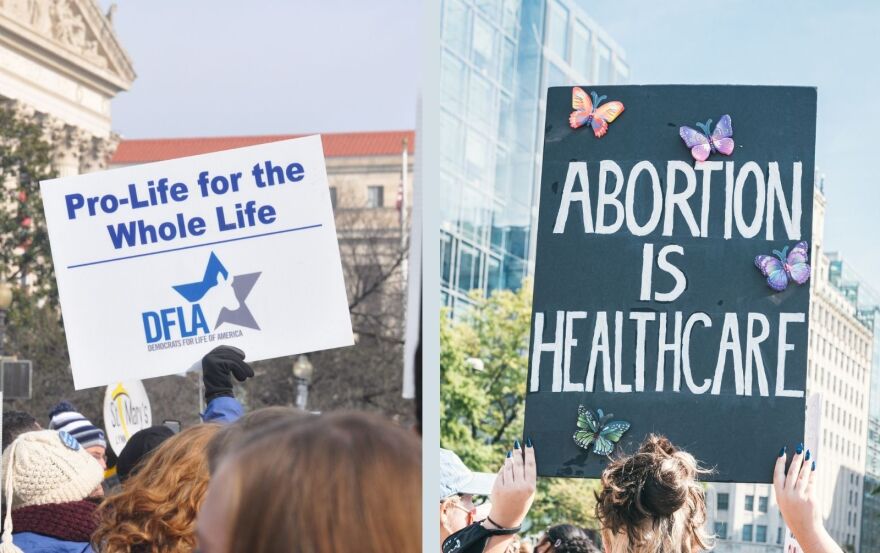 side by side photos of two protests about abortion. On the left side, a white sign says in blue text "pro life for the whole life"
and on the right, a black sign with white letters says "abortion is healthcare" paper butterflies are glued around the words