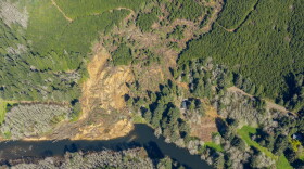 An aerial photo from May shows the massive December landslide that swept down off Weyerhaeuser property, across Oregon Highway 229 and destroyed or damaged houses along the Siletz River.