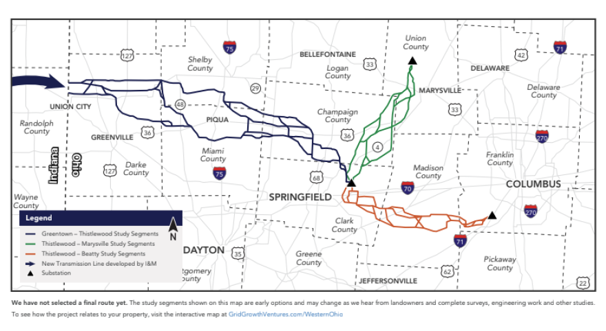A map by Grid Growth shows a route being considered for a upgraded to transmission line in western Ohio. A final route has not been selected yet.