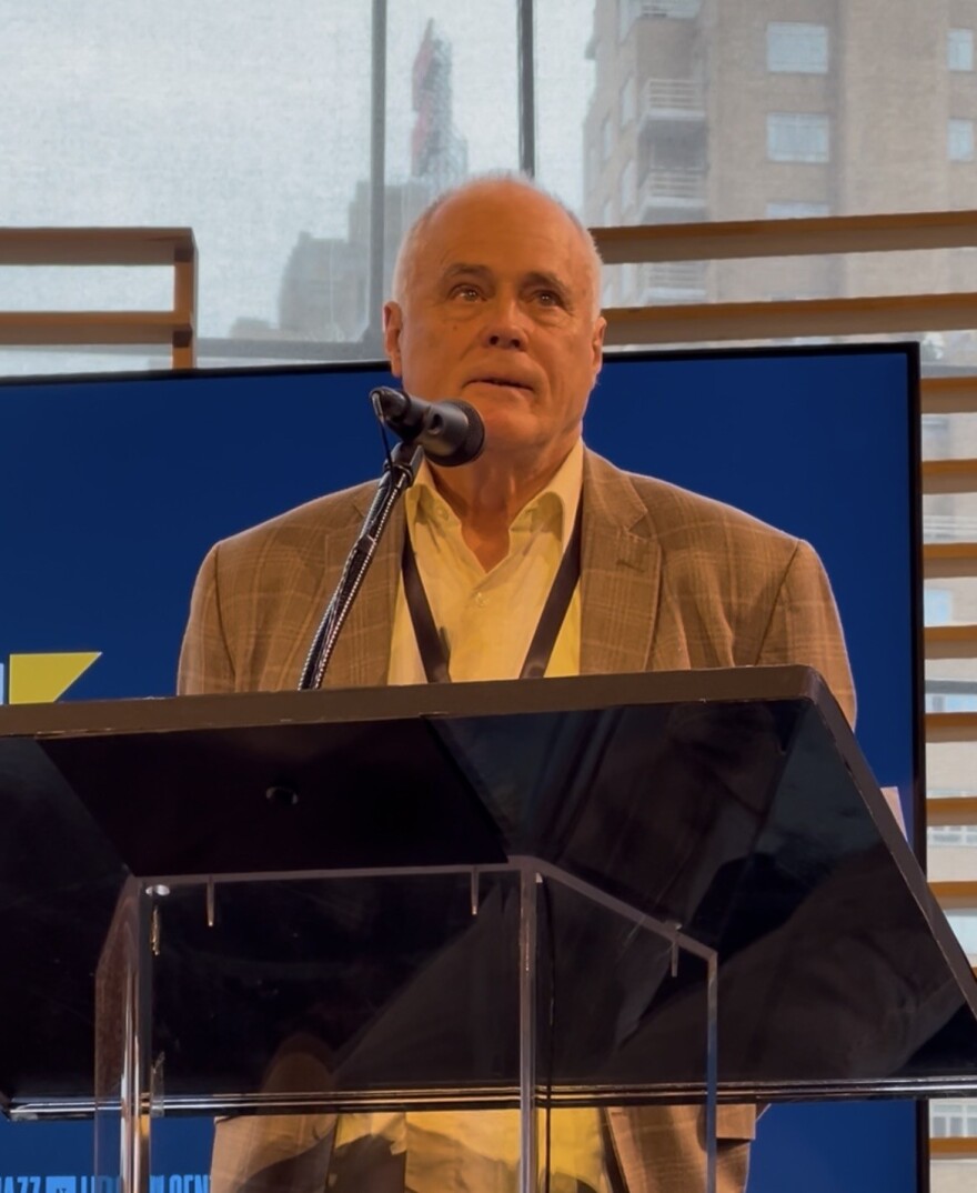 Lee Merger addresses the crowd after receiving the Bruce Lundvall Visionary Award at Jazz Congress on Wed., Jan. 7 in the Appel Room at Jazz at Lincoln Center.