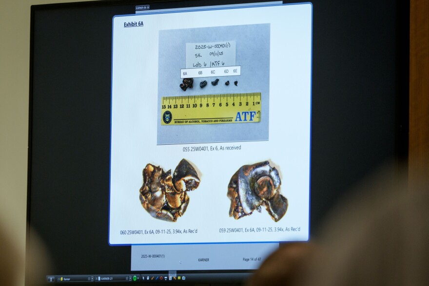 Bullet fragments are shown on a screen during a preliminary hearing for Tyler Robinson, who is accused in the fatal shooting of Charlie Kirk, at the Fourth District Courthouse in Provo, Utah, July 9, 2026.