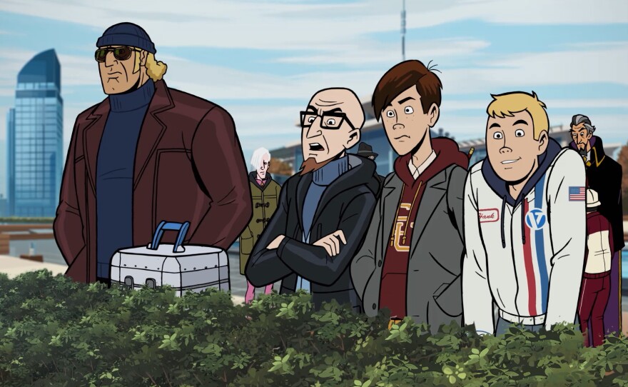(L to R) From Go, Team Venture! to Gone, Team Venture: Brock, Doc, Dean and Hank, of <em>The Venture Bros</em>.
