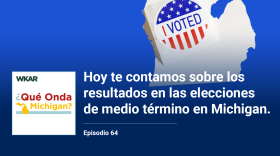 En la imagen se puede observar a mapa de Michigan de color blanco sobre un fundo color azul. Sobre el mapa se puede observar una calcomania que dice "I Voted" (Yo Vote). En el lado inferior de la imagen está el logo de Que Onda Michigan sobre un fondo blanco. En la parte izquiera superior están las palabras: "WKAR". En la parte derecha las siguientes palabras están escritas: "Hoy te contamos sobre los resultados en las elecciones de medio término en Michigan"  y "Episodio 64". 