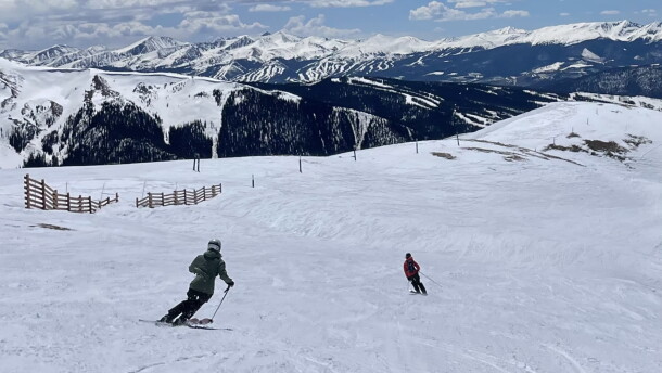 Skiers descend Arapahoe Basin Ski Area in Colorado on May 4, 2025. Snowpack across the mountains that supply the Colorado River is far below normal for this time of year. Forecasts call for 55% of average runoff into Lake Powell, the nation's second-largest reservoir.