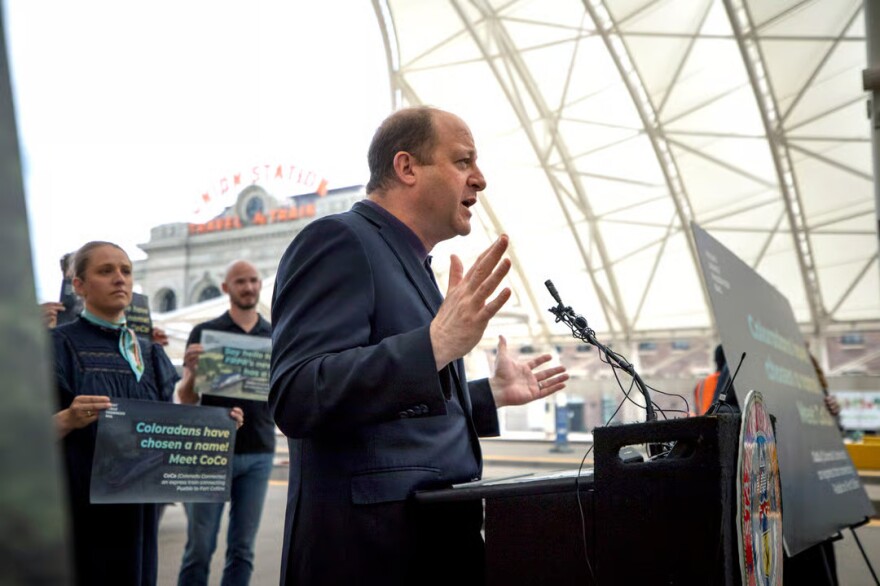 Gov. Jared Polis announces the new name of the future Front Range Passenger Rail trains: Colorado Connector, AKA CoCo. Denver's Union Station, April 6, 2026.