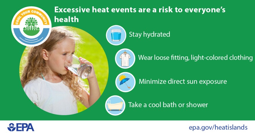 Infographic with a girl drinking water and tips for dealing with the heat.