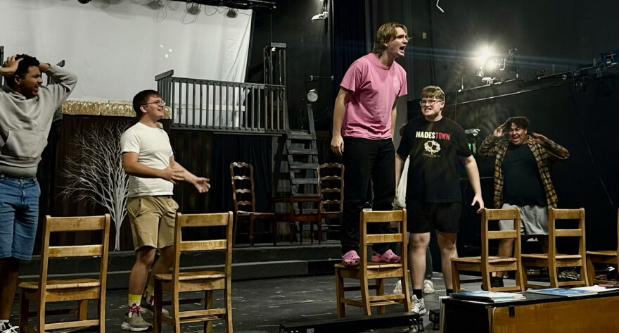 Rehearsing "The Bitch of Living" at Center for Living Arts are (L-R) Bryson Maiden (Georg), Zach Hansen (Otto), Charles Murphy (Melchior), Elias Hayz (Moritz) and Morris Nunn (Hanschen).
