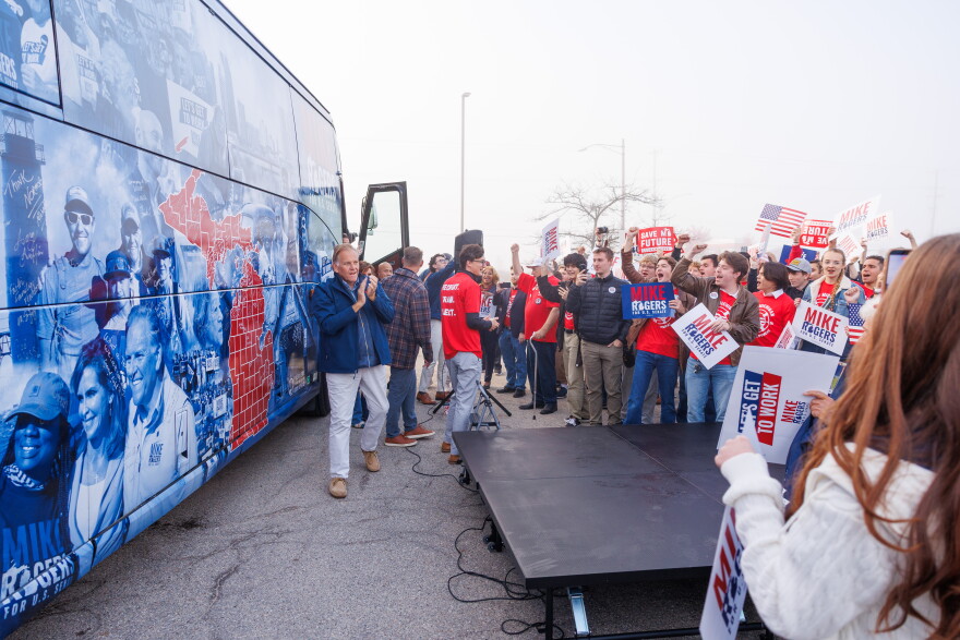 Republican U.S. Senate nominee Mike Rogers arrives in Lansing Township, Mich., for a stop on his "We Have a State to Save" bus tour on Oct. 24, 2026.