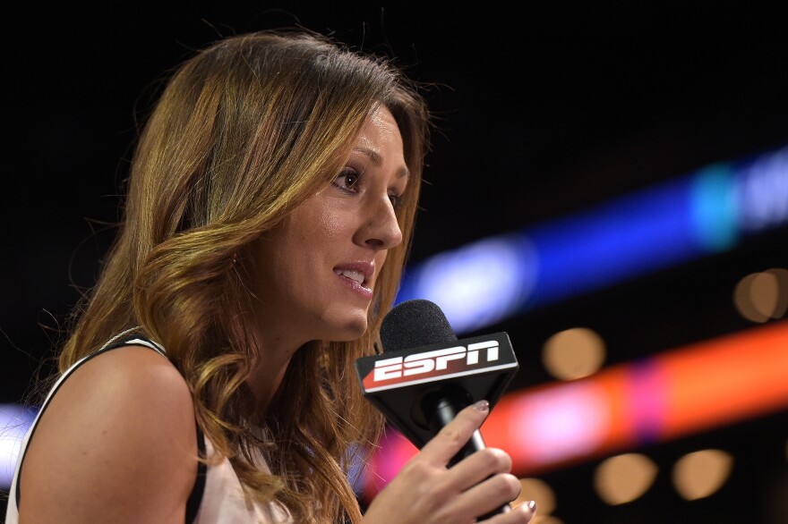 NEW YORK, NY - MARCH 08: ESPN sideline reporter Allison Williams reports during the game between the Clemson Tigers and the Duke Blue Devils during the second round of the ACC Basketball Tournament at Barclays Center on March 8, 2017 in the Brooklyn borough of New York City. (Photo by Lance King/Getty Images)