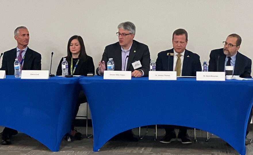 The Nov. 13 panel in East Moline featured Dr. Kristin Humphries (superintendent of the East Moline School District 37), left, Blanca Leal (head of the ( English language programming), state Sen. Mike Halpin, Black Hawk College president Jeremy Thomas, and Mark Mossman (Western Illinois University provost and vice president of academic affairs).