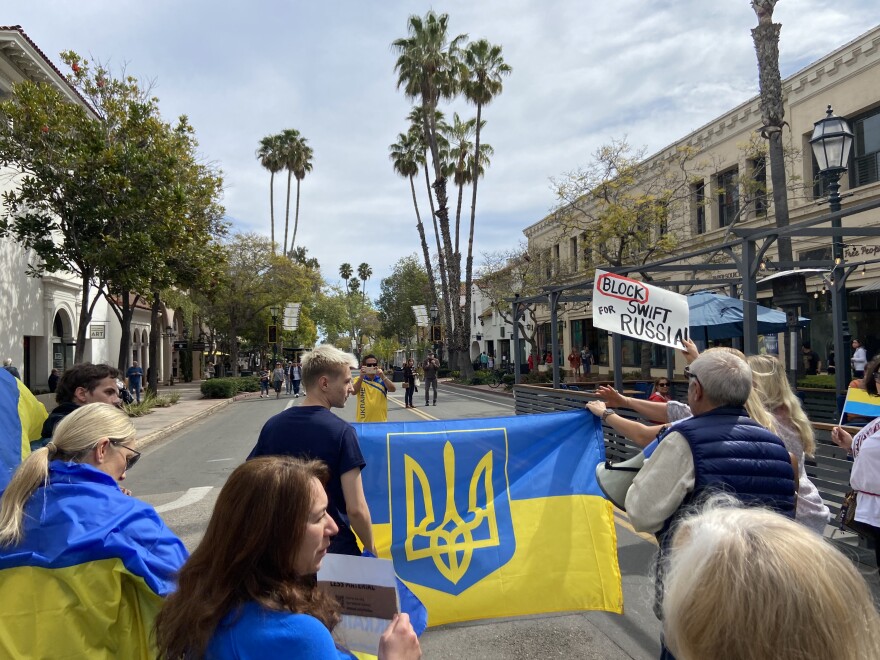 Ukrainians and their allies attend a march in Santa Barbara on February 26.