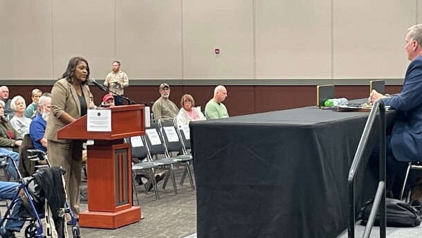 Evansville Mayor Stephanie Terry addresses members of the Indiana Utility Regulatory Commission at Old National Events Plaza, April 7, 2026