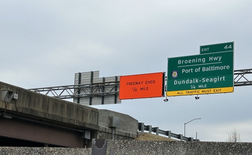 A sign says “freeway ends” on the road that truckers would normally take to the Port of Baltimore.