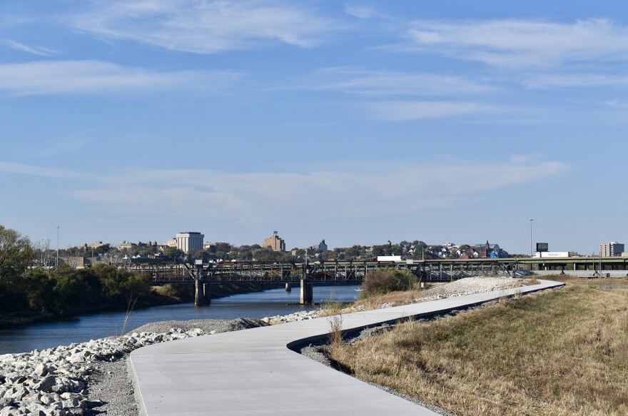 Levee trails along the Kansas River waterfront, near the Rock Island Bridge.