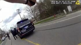 A still from the body camera footage of an East Lansing Police Department officer responding to a stabbing incident on April 15, 2026.