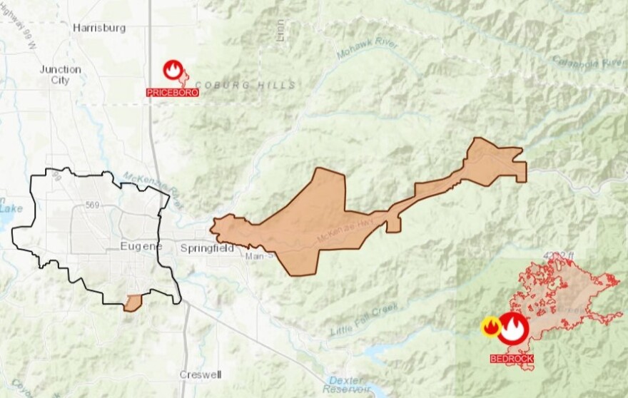 Map of an area of Oregon showing high risk fire zone in the McKenzie River Valley and Eugene's South Hills