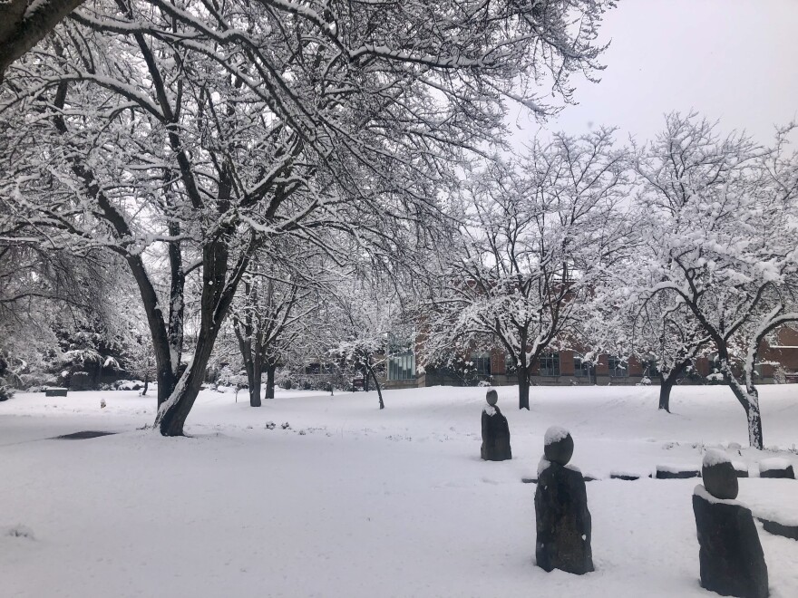  Snow falls on Southern Oregon University on February 28, 2023. 