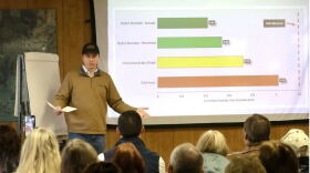 Local residents gather for a community meeting in Inola on Mar. 7, 2026 to discuss the aluminum smelter planned for their community. Thomas Harrington explains to the crowd gathered the air pollution levels, chemical make up and distance that can be expected from the plant.