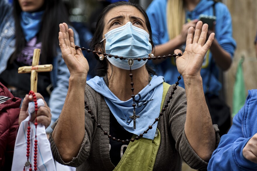 Anti-abortion demonstrators protest outside the Constitutional Court in Bogota, Colombia, on February 21 after the court decriminalized abortion during the first 24 weeks of pregnancy.