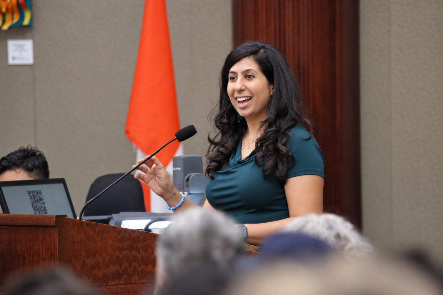 State Rep. Anna V. Eskamani speaking Tuesday during the Orange County Board of Commissioners meeting in support of the Sunshine Transit Advancement Resolution -- or STAR -- plan, which would start with bus rapid transit and include light rail and heavy rail.