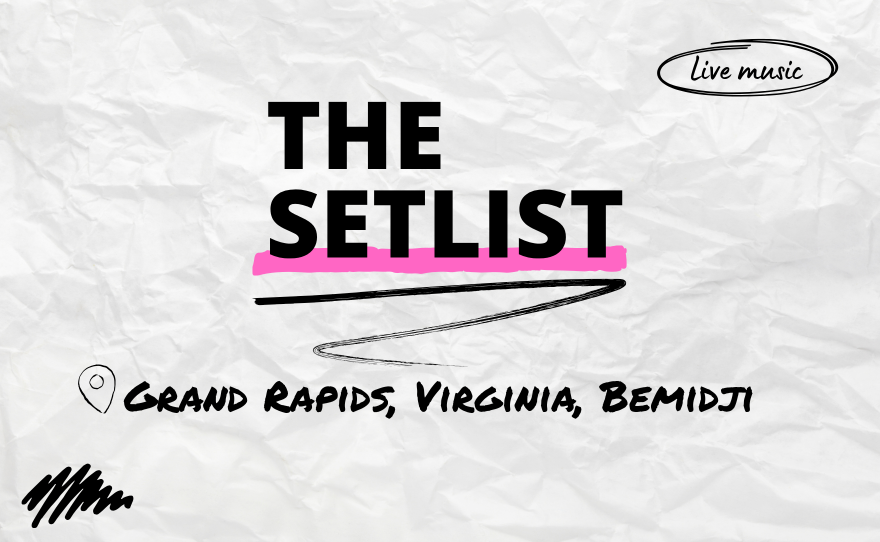 "The Setlist" and "Grand Rapids, Virginia, Bemidji" written over a crumpled paper background.