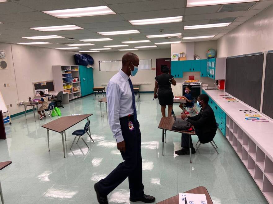 Broward Schools Superintendent Robert Runcie visits a classroom at Broward Estates Elementary School on Oct. 9, the first day of the district's reopening amid the COVID-19 pandemic.