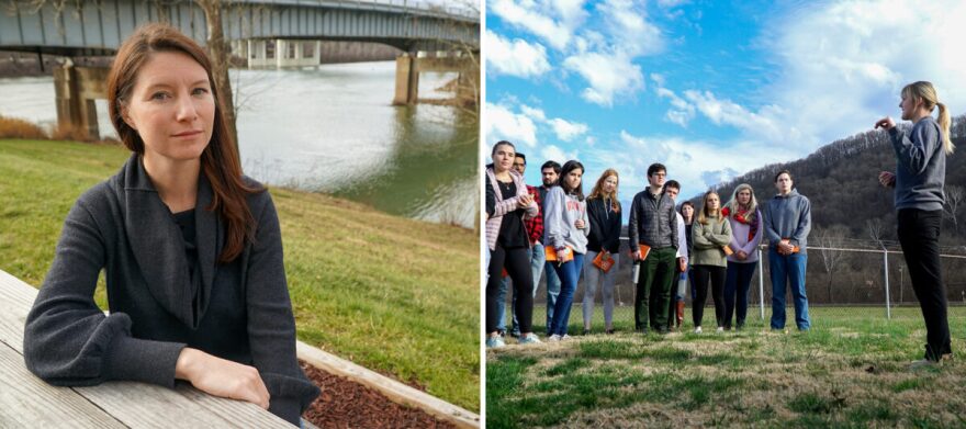 A woman with long red hair sits on a wooden picnic table beside a bridge. On a second image to the right, a group of students stands in a field, while a woman with a blonde ponytail talks with them. 