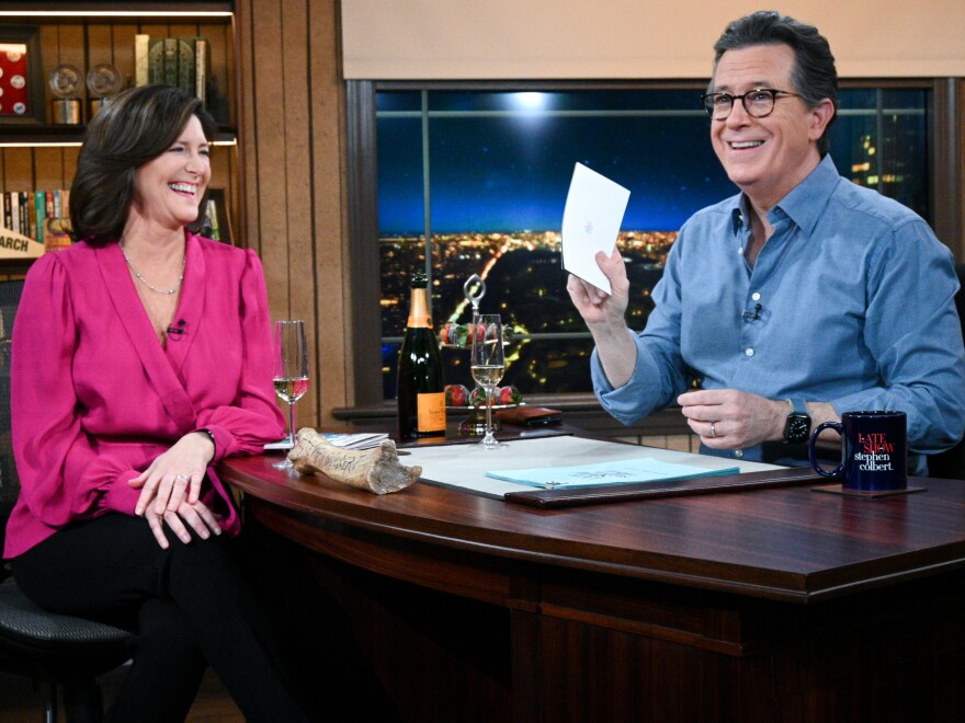 "It gives me enormous joy when I hear her laugh," Stephen Colbert says of his wife, Evie.